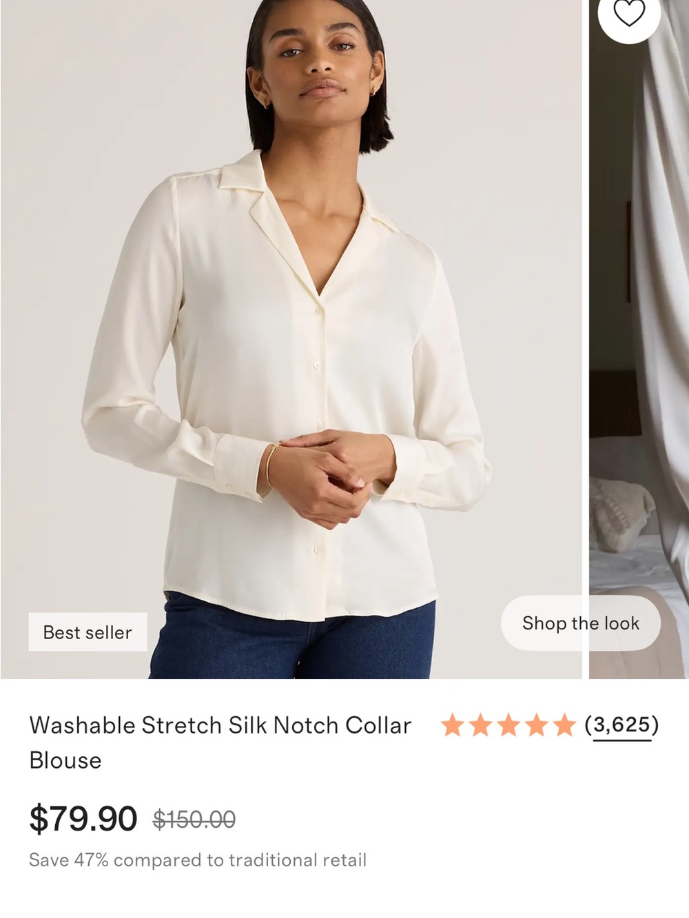 Quince Cream Washable Stretch Silk Notch Collar Blouse